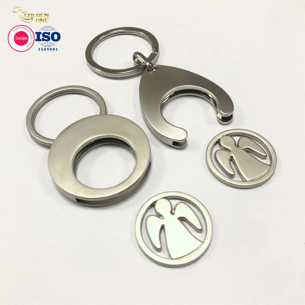 Wholesale Fashion Shape Metal Custom Angel Laser Logo Europe Shopping Cart Trolley Coin Chip Holder Keyring